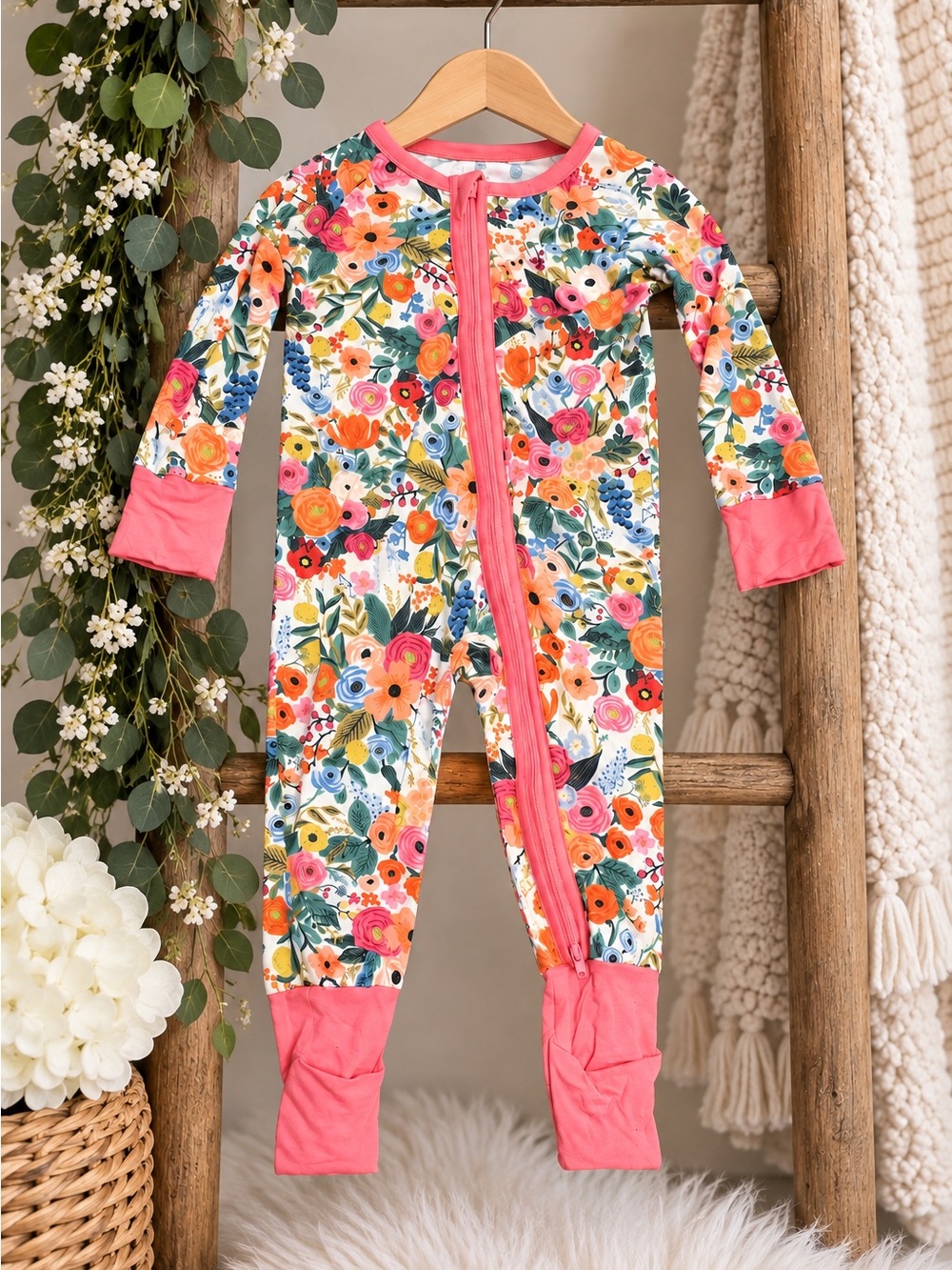 Floral Zipper Footie One-Piece in Coral Trim